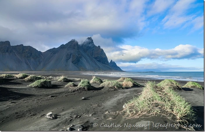 Black beach at Stokksnes with mountain in background