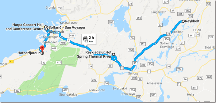 Map of Ultimate Iceland Road trip going from Golden Circle to Reykjavik