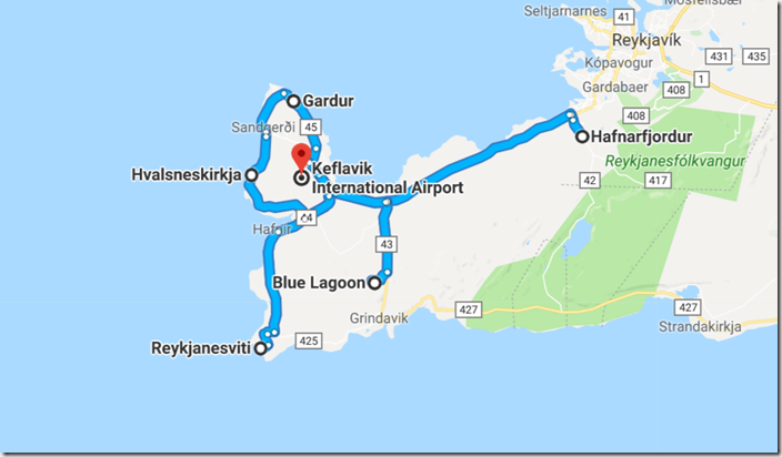 Map of Ultimate Iceland Road trip going from Reykjavik to Reykjanes Peninsula