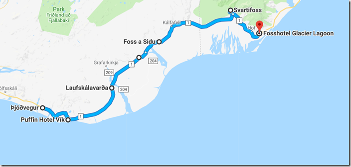 Map of Ultimate Iceland Road trip going from Vik to Hof