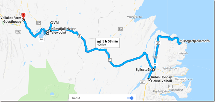 Map of Ultimate Iceland Road trip going from Egilsstaðir to Myvatn