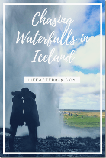 Couple kissing from behind Seljalandsfoss 