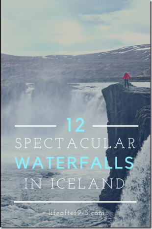 Woman in red jacket standing at the edge overlooking Godafoss