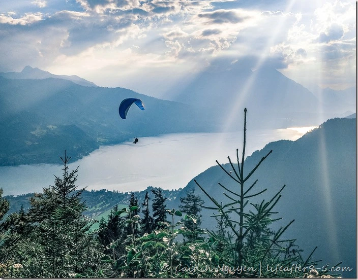 View of paraglider over Lake Brienz from Harderkulm