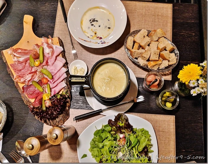 Traditional Swiss meal of cheese fondue